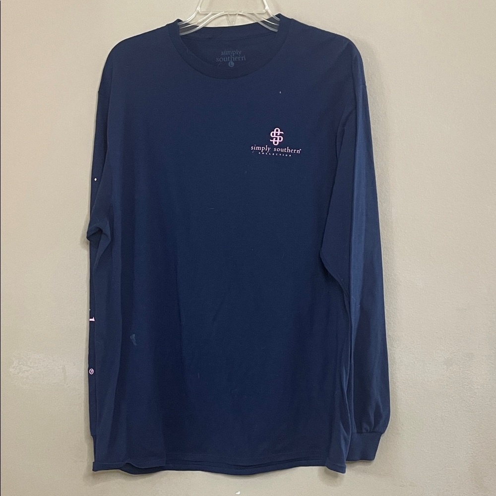Simply Southern women  Long Sleeve Tee - Navy with Pink Logo SZ L